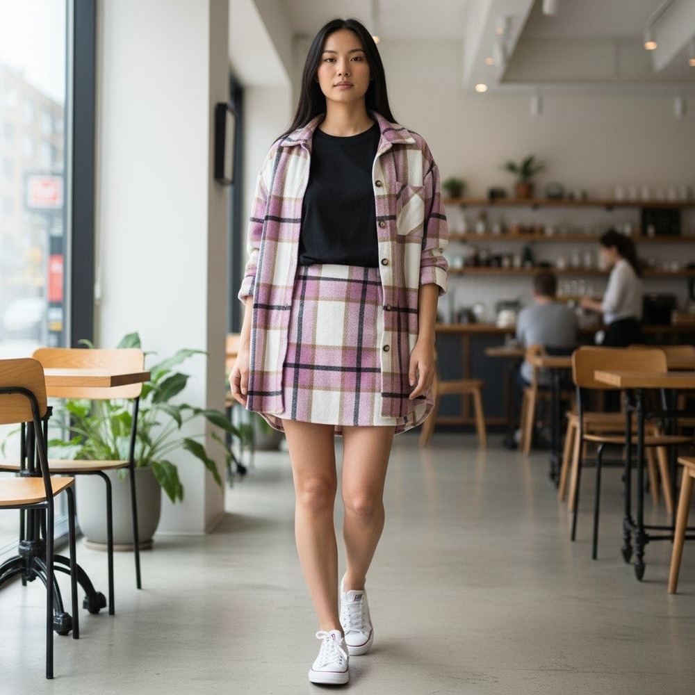 Womens 4 Shacket Shirt Jacket Mini Skirt 2pc‎ Outfit Preppy Pink Plaid Angelcore